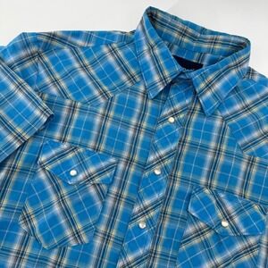 Wrangler Western Shirt Mens Short Sleeve Plaid Blue Tall Size LT